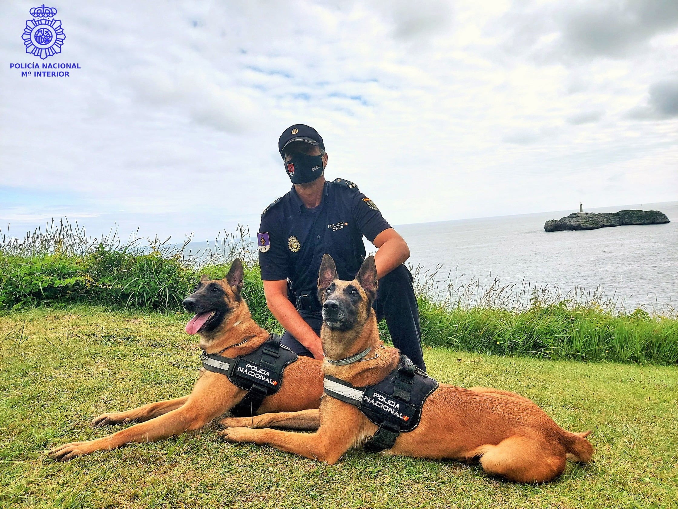 Un guía canino de la Policía Nacional junto a dos de los perros de la Unidad.