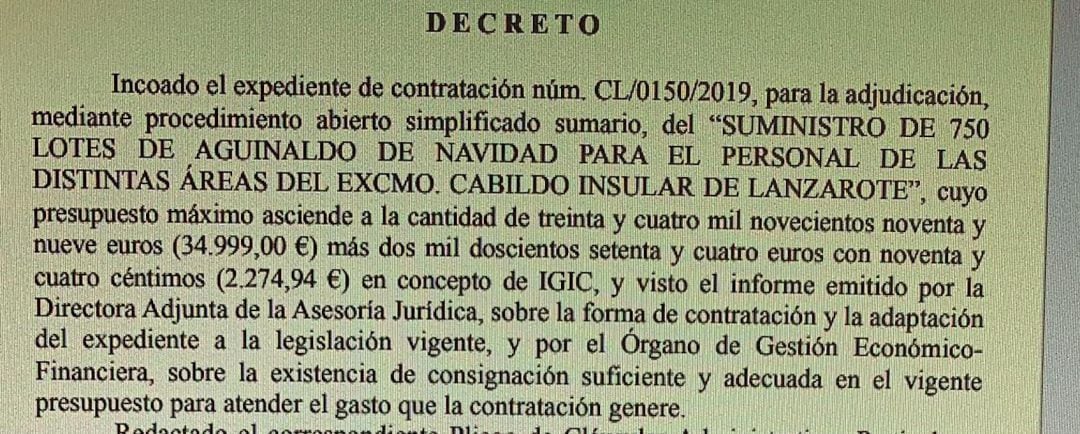 Detalle del Decreto del Cabildo