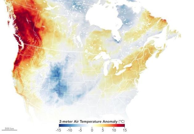 Anomalía de temperatura en el oeste de Canadá