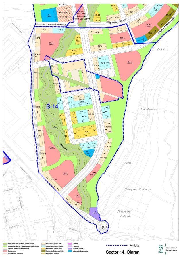 El sector 14 -los terrenos alrededor de Errekaleor- en los que los técnicos reclaman que no se levanten viviendas. El plano responde al último acuerdo de redensificación entre el Ayuntamiento y los propietarios, pendiente de aprobación.