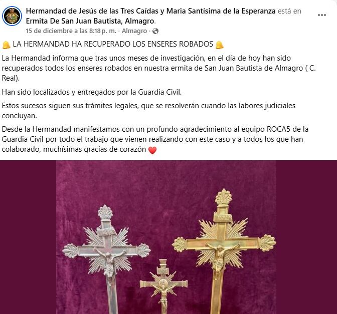 Extracto del agradecimiento de la Hermandad en sus redes sociales