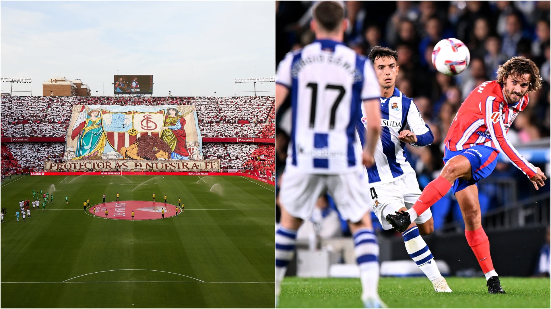 Montaje con fotos del derbi sevillano y del Real Sociedad-Atlético (Getty Images).