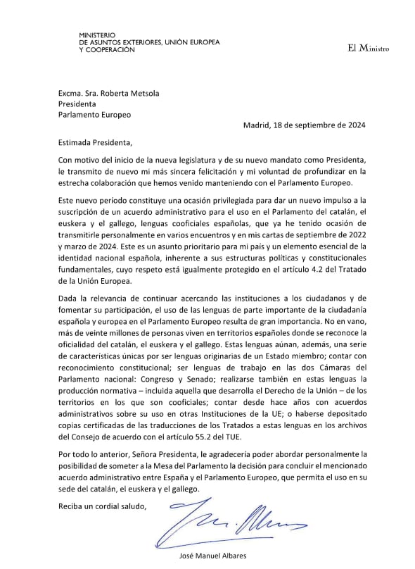 La carta que ha enviado Albares a la presidenta del Parlamento Europeo