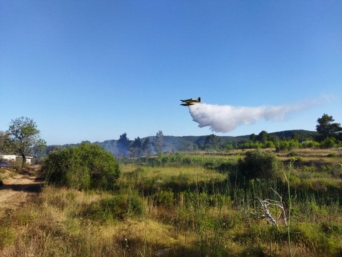 Una avioneta descargando agua en la zona