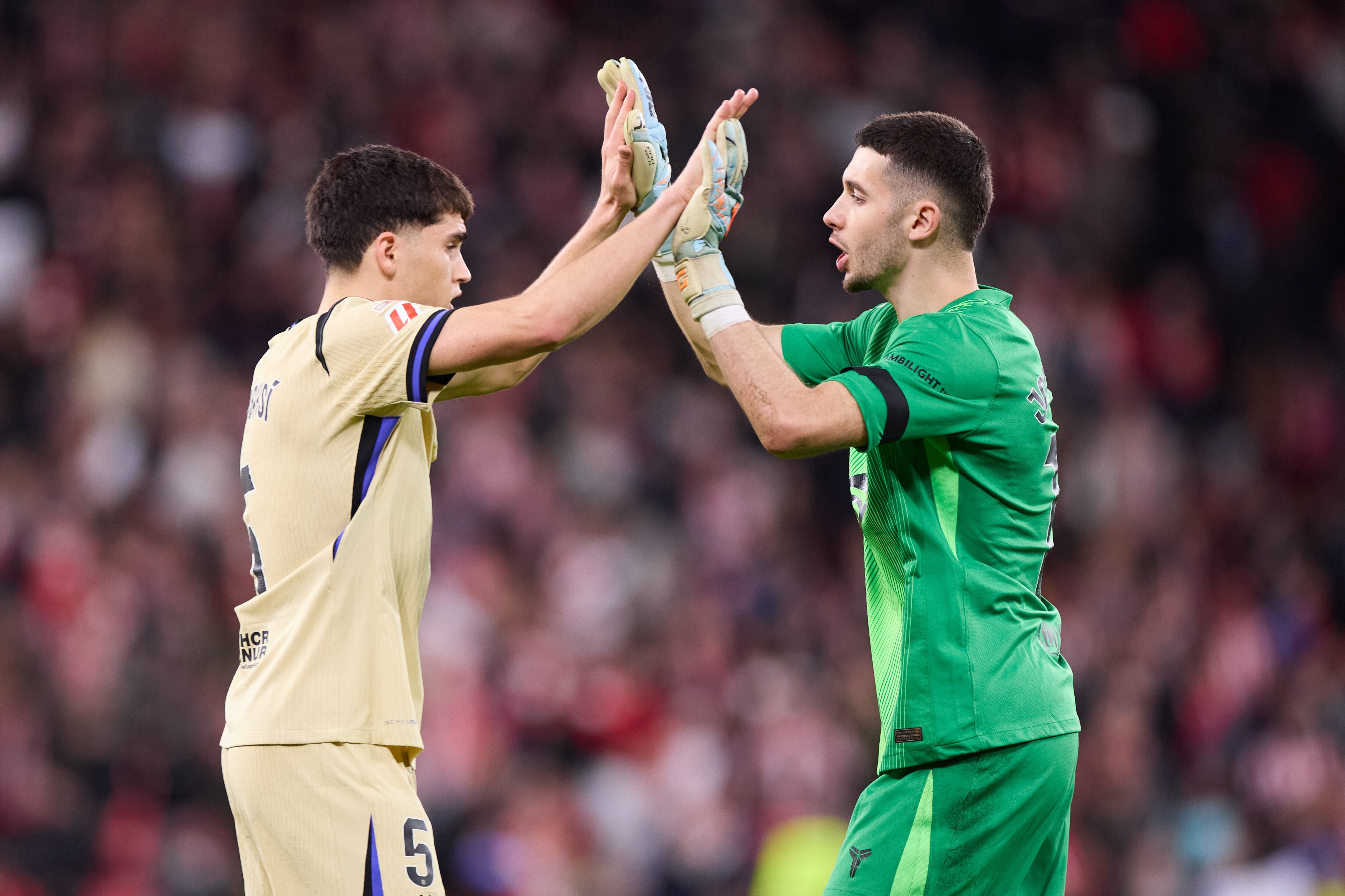 BILBAO, SPAIN - MARCH 07: Pau Cubarsi and Joan Garcia of FC Barcelona reacts during the LaLiga EA Sports match between Athletic Club and FC Barcelona at San Mames on March 8, 2026, in Bilbao, Spain. (Photo By Ricardo Larreina/Europa Press via Getty Images)