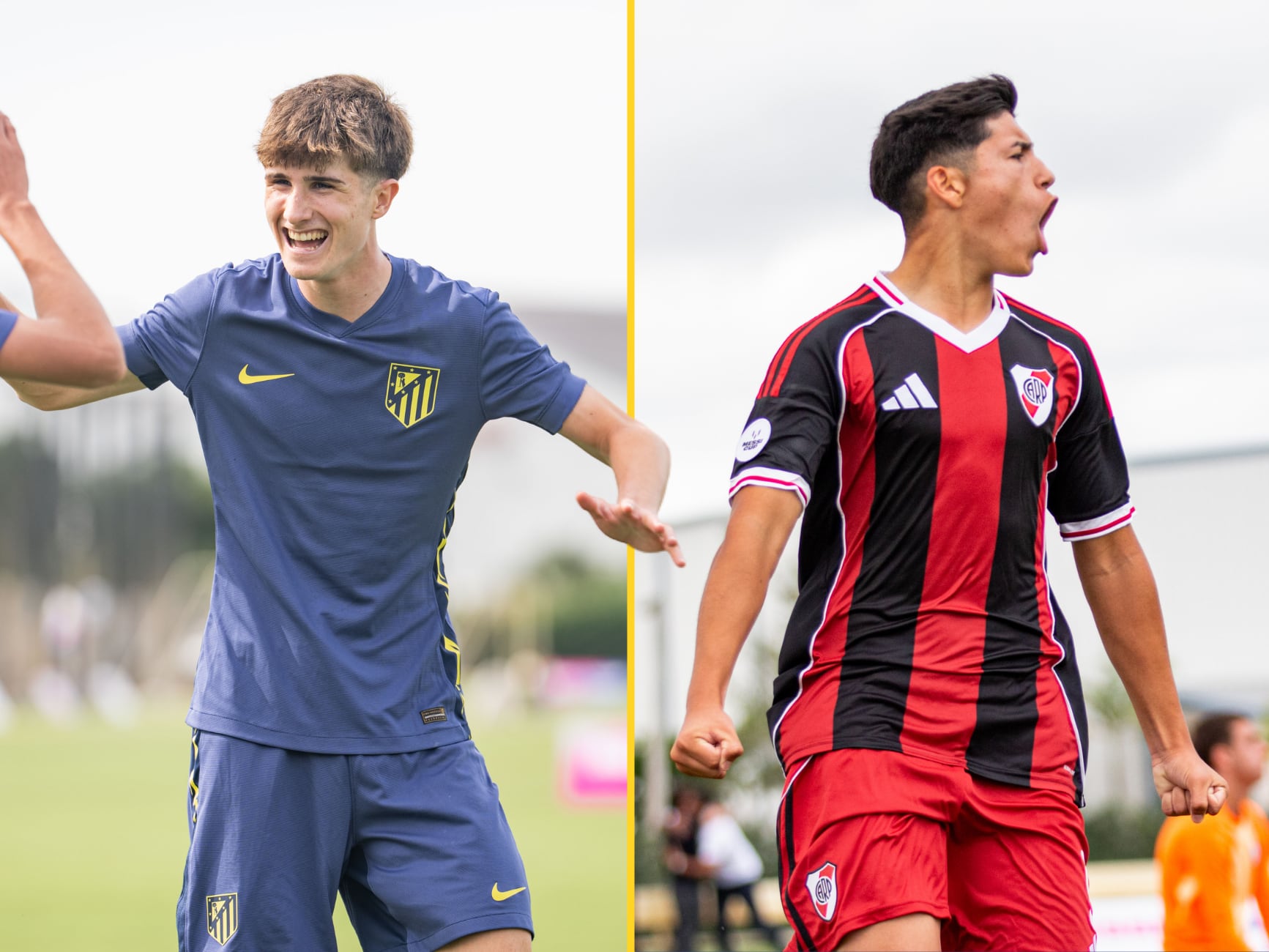 Jugadores del Atlético de Madrid y River Plate celebran los goles en los partidos previos a la final