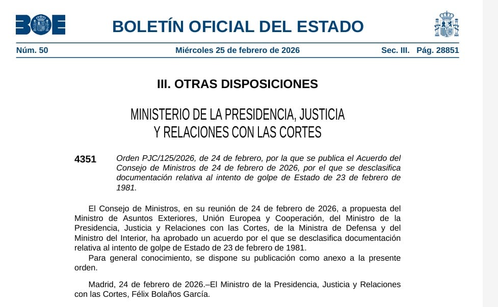 El BOE publica la desclasificación de los documentos del golpe de Estado del 23-F