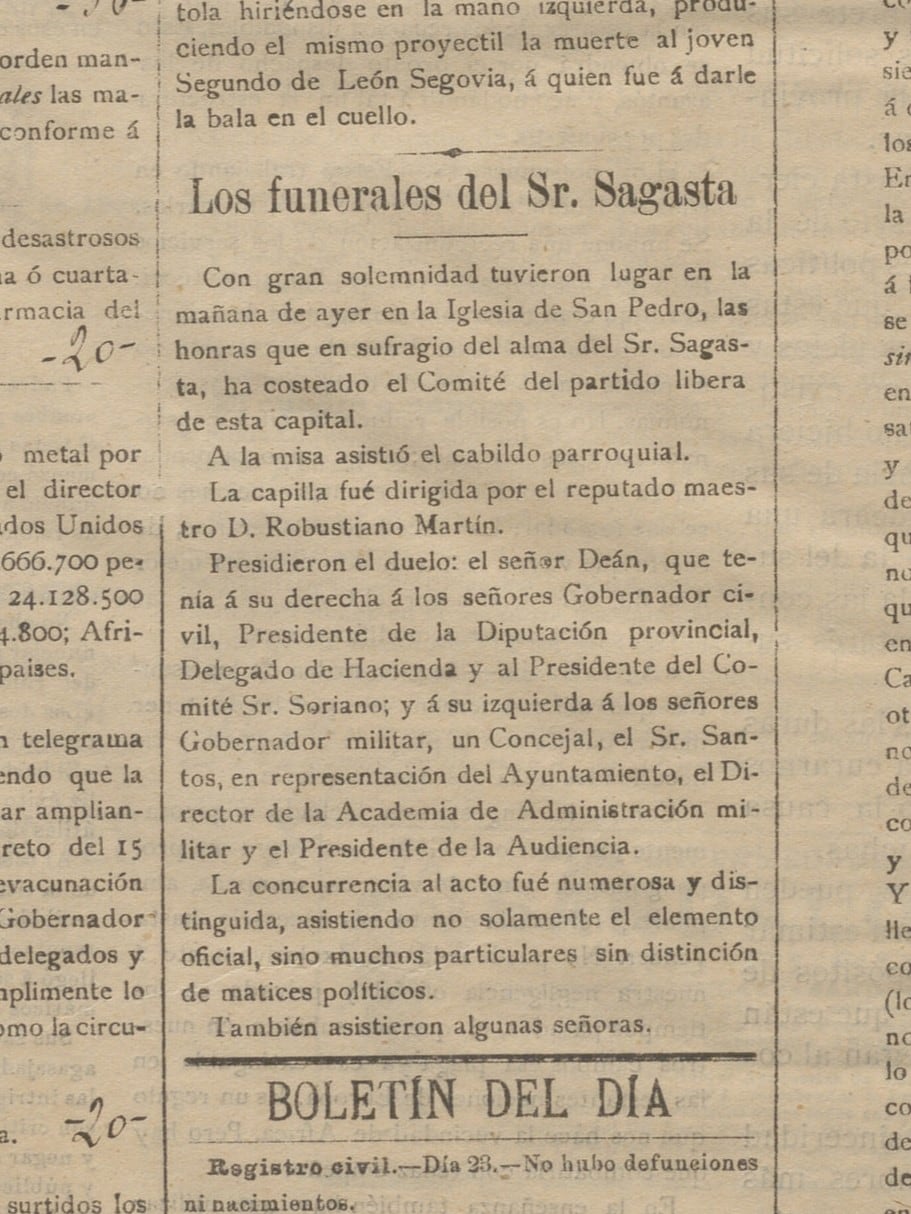 Información publicada en El Diario de Ávila que informa del funeral de Sagasta en Ávila