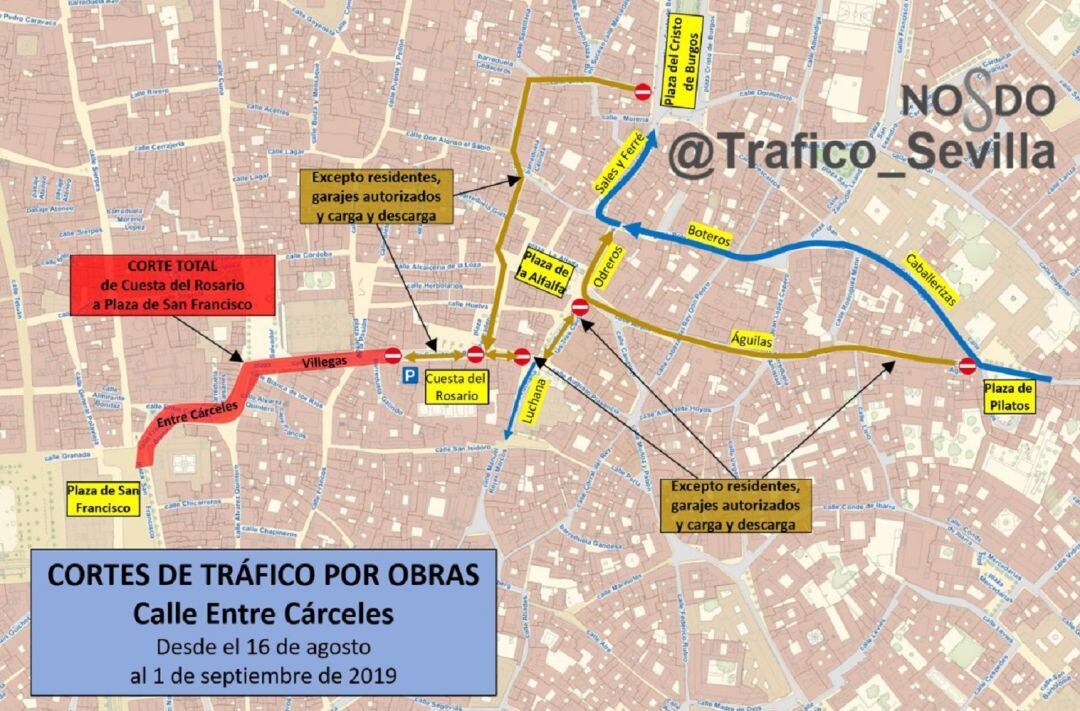 Plan de tráfico por las obras de adoquinado en la calle Entrecárceles