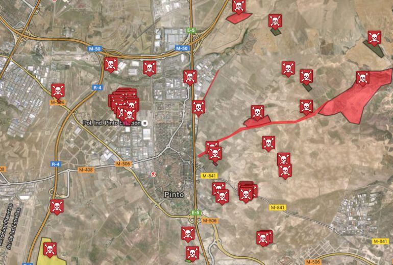 Mapa con los puntos donde hay vertidos contaminantes en Pinto