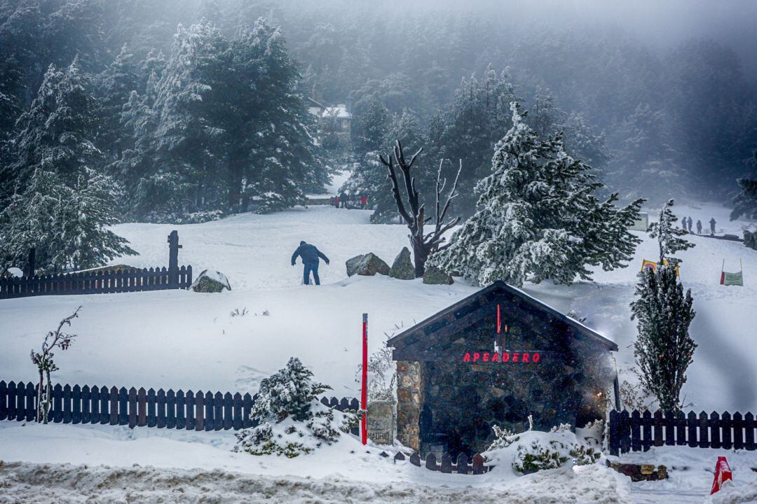 Apeadero junto a la carretera M-601 en el Puerto de Navacerrada durante el temporal de nieve en la Sierra de Madrid, en el Puerto de Navacerrada a 16 de noviembre de 2019.