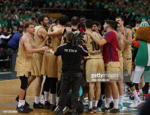 KAUNAS, LITHUANIA - MAY 03: FC Barcelona team during the 2022/2023 Turkish Airlines EuroLeague Play Offs Game 3 match between Zalgiris Kaunas and FC Barcelona at Zalgirio Arena on May 03, 2023 in Kaunas, Lithuania. (Photo by Alius Koroliovas/Euroleague Basketball via Getty Images)