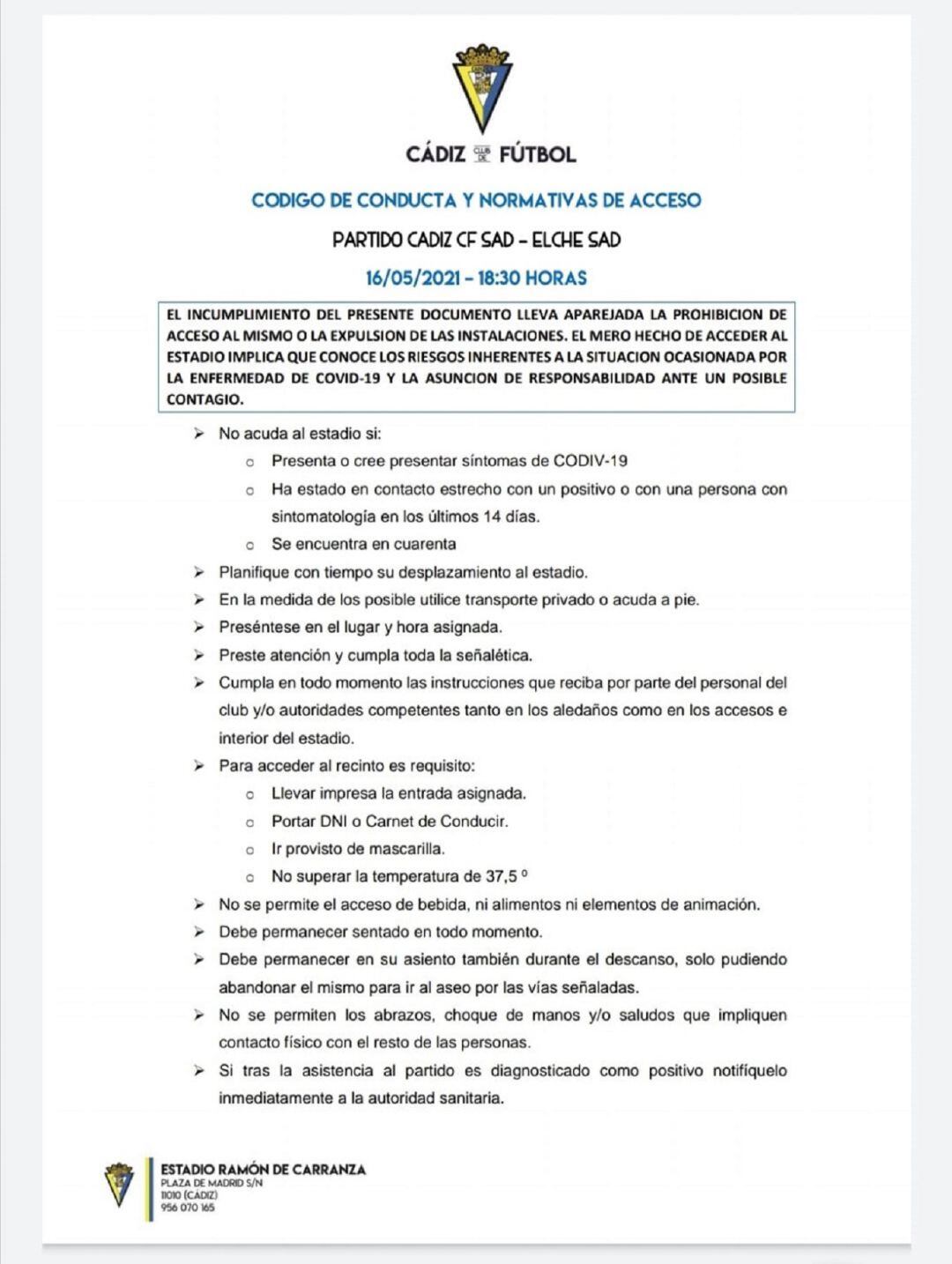 Este es el documento que reciben los aficionados del Cádiz CF al inscribirse para ir a Carranza