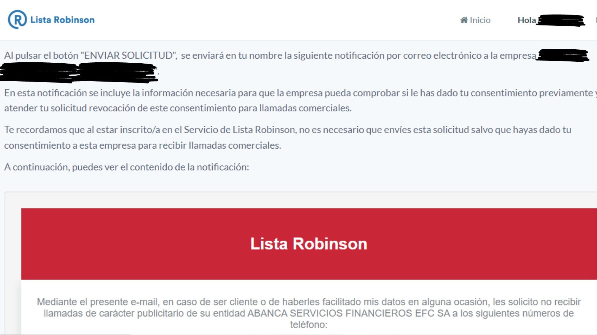 Captura de la web de la Lista Robinson