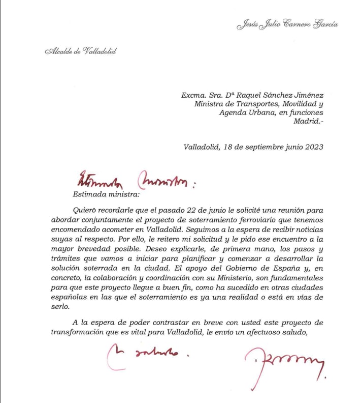 Carta remitida por el alcalde, Jesús Julio Carnero, a la ministra de Transporte, Movilidad y Agenda Urbana Raquel Sánchez Jiménez