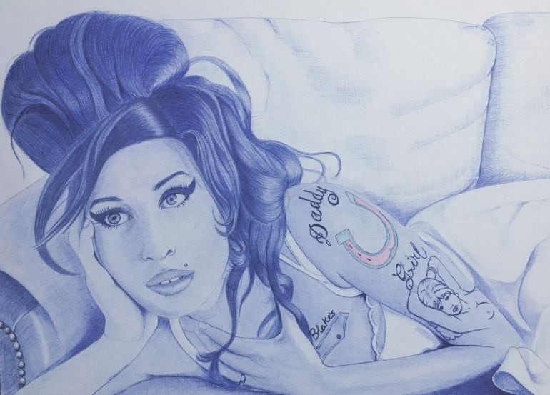 Ilustración de Amy Winehouse realizada en boligrafo para Sofá Sonoro