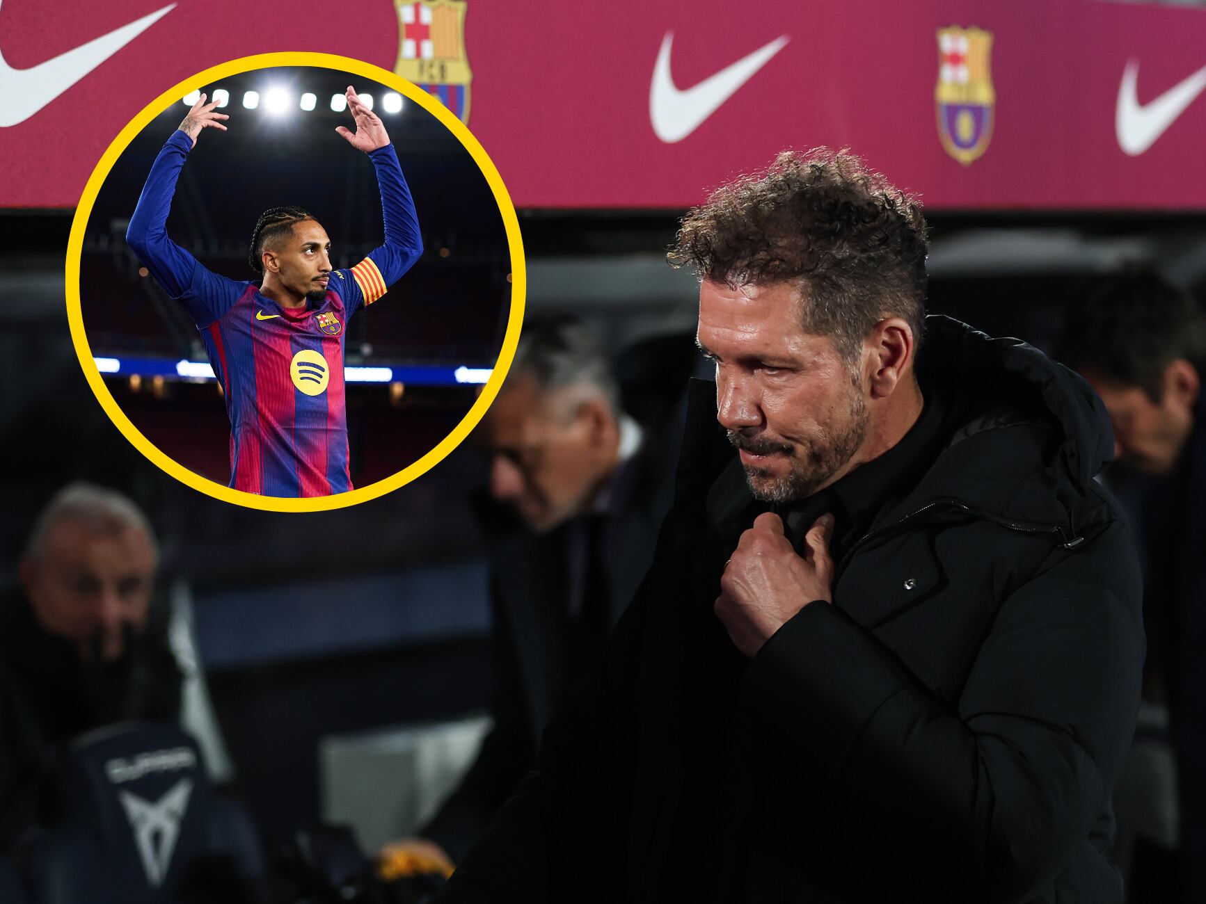 Diego Simeone en un montaje con Raphinha