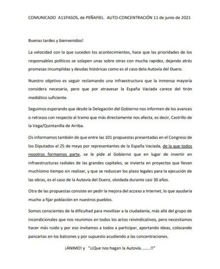 Comunicado de la Plataforma A11 Pasos de Peñafiel.