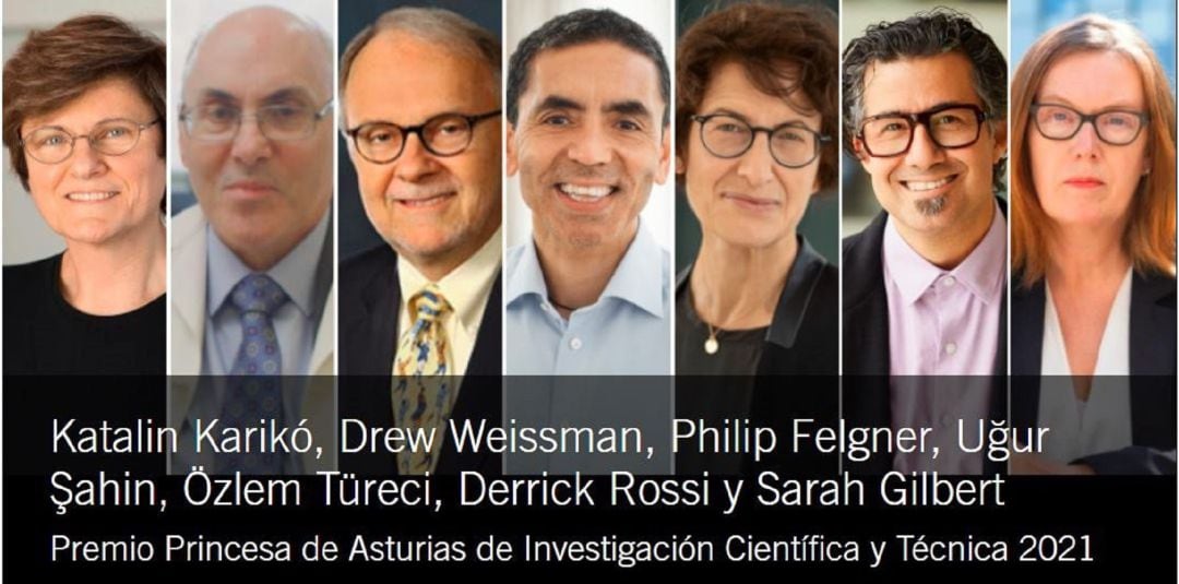 Katalin Karikó, Drew Weissman (inmunólogo), Philip Felgner, Uğur Şahin , Özlem Türeci, Derrick Rossi, Y Sarah Gilbert, Premio Princesa de Asturias de Investigación Científica y Técnica 2021.