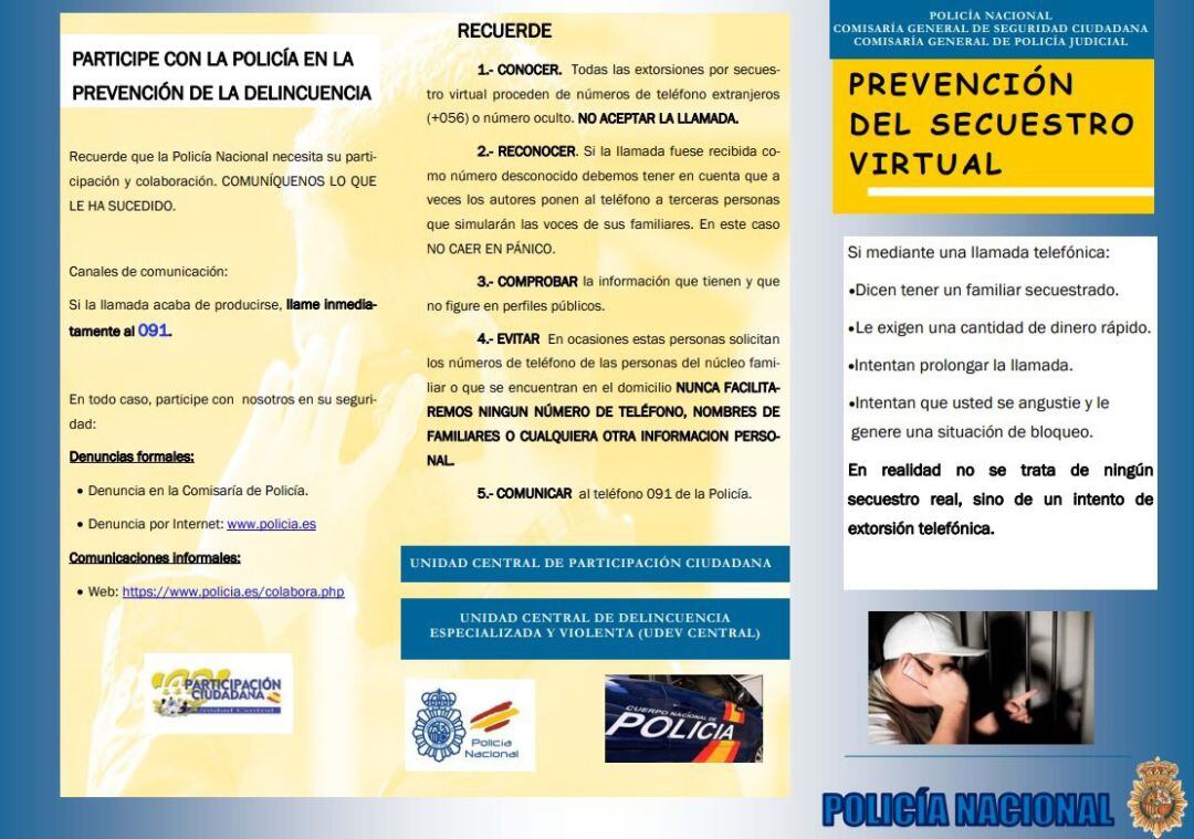 Recomendaciones de la Policía Nacional ante un posible secuestro virtual.