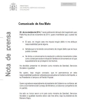 Comunicado de dimisión de Ana Mato