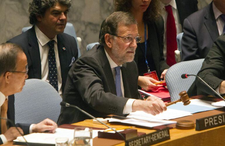 Mariano Rajoy, junto al secretario general de la ONU, Ban Ki-moon, durante la sesión del Consejo de Seguridad de Naciones Unidas.