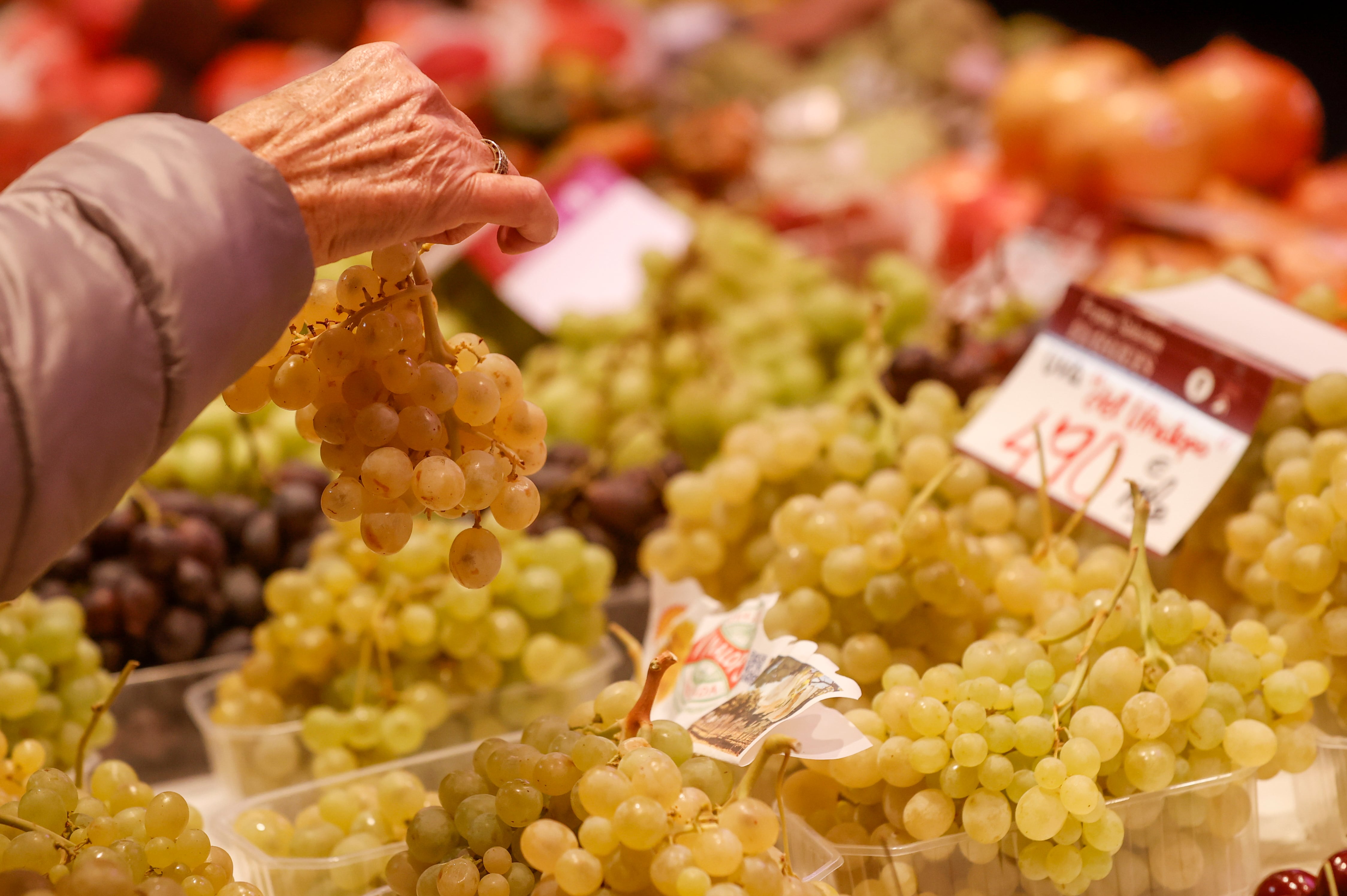 Una mujer escoge un ramillete de uva en el Mercado Central cuando dos de cada tres uvas consumidas procederán este fin de año de la DOP del Vinalopó EFE/Kai Försterling