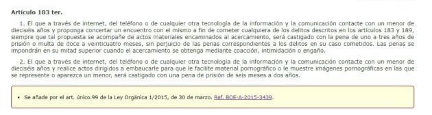 Artículo 183 ter del Código Penal que desarrolla el delito de &#039;grooming&#039;