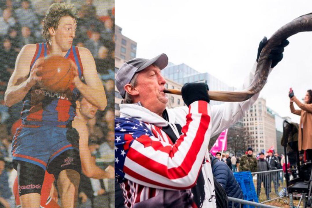 Imagen de archivo de Wood durante un partido del Barça junto a una de él en las protestas del Capitolio.