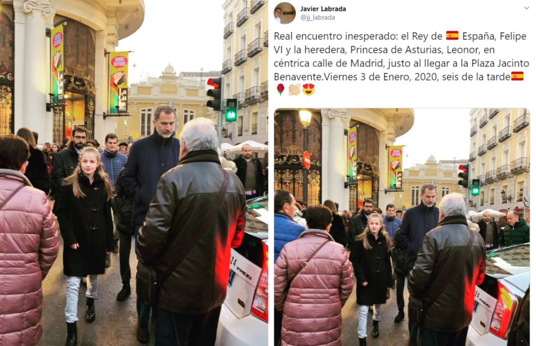 El rey Felipe VI y su hija la princesa Leonor fotografiados paseando por el centro de Madrid.