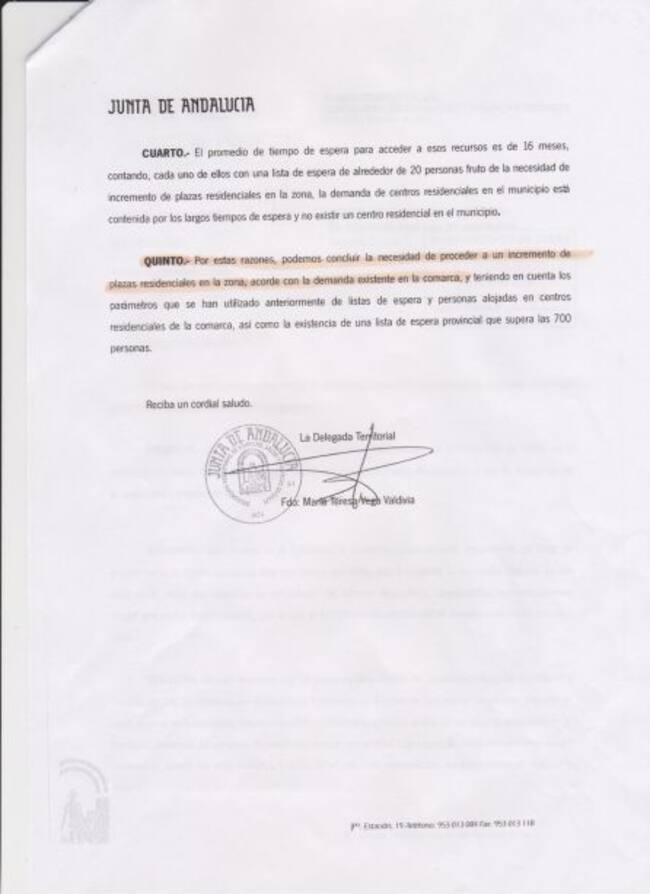 Documento de la Junta de Andalucía, respuesta ante la solicitud de necesidades desde el Ayuntamiento de Jódar