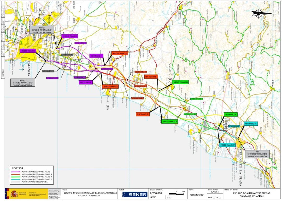 Plano entre València y Castelló con los nuevos trazados ferroviarios planteados por los técnicos del Ministerio