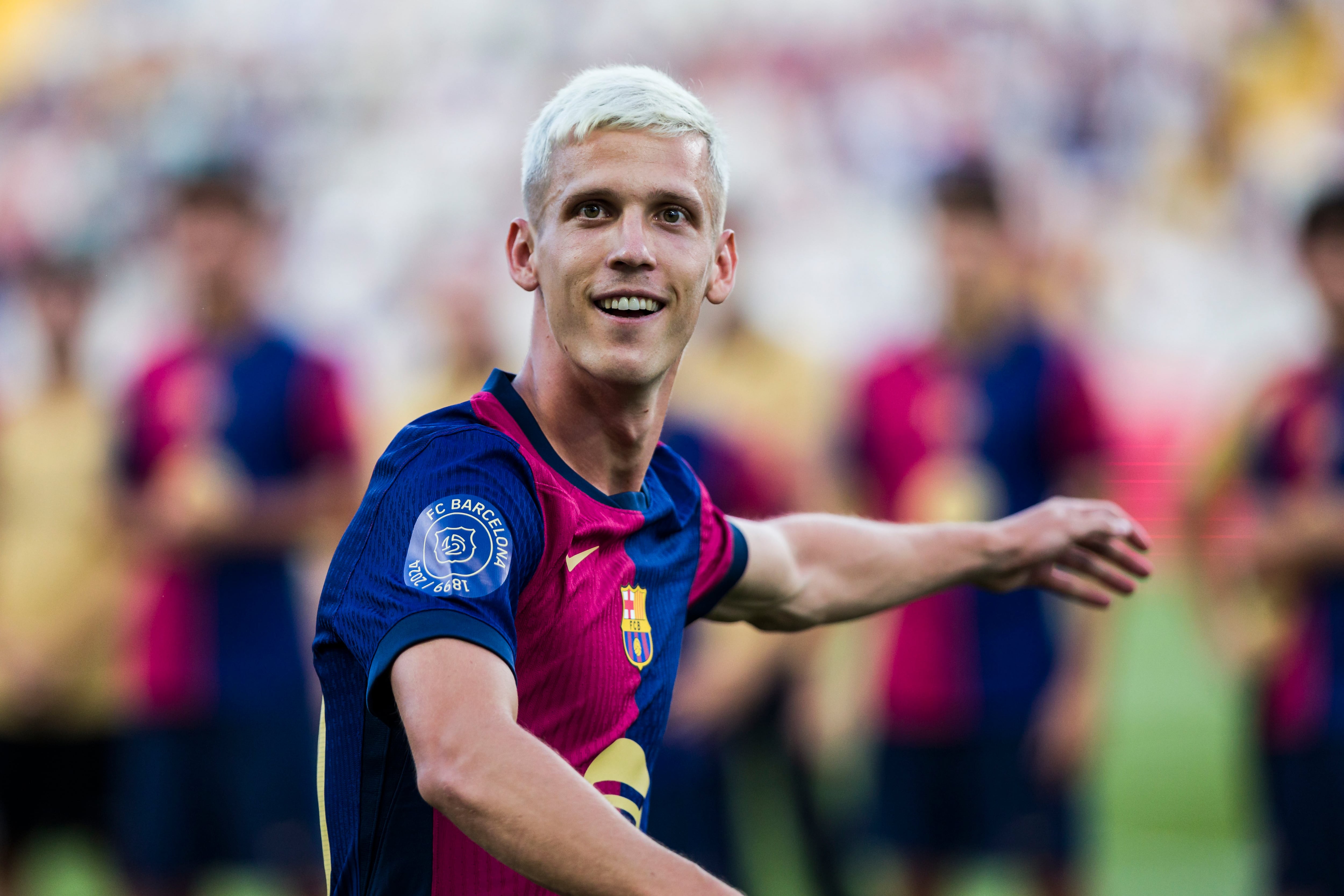 Dani Olmo, en la presentación de la plantilla del FC Barcelona en el Trofeo Joan Gamper