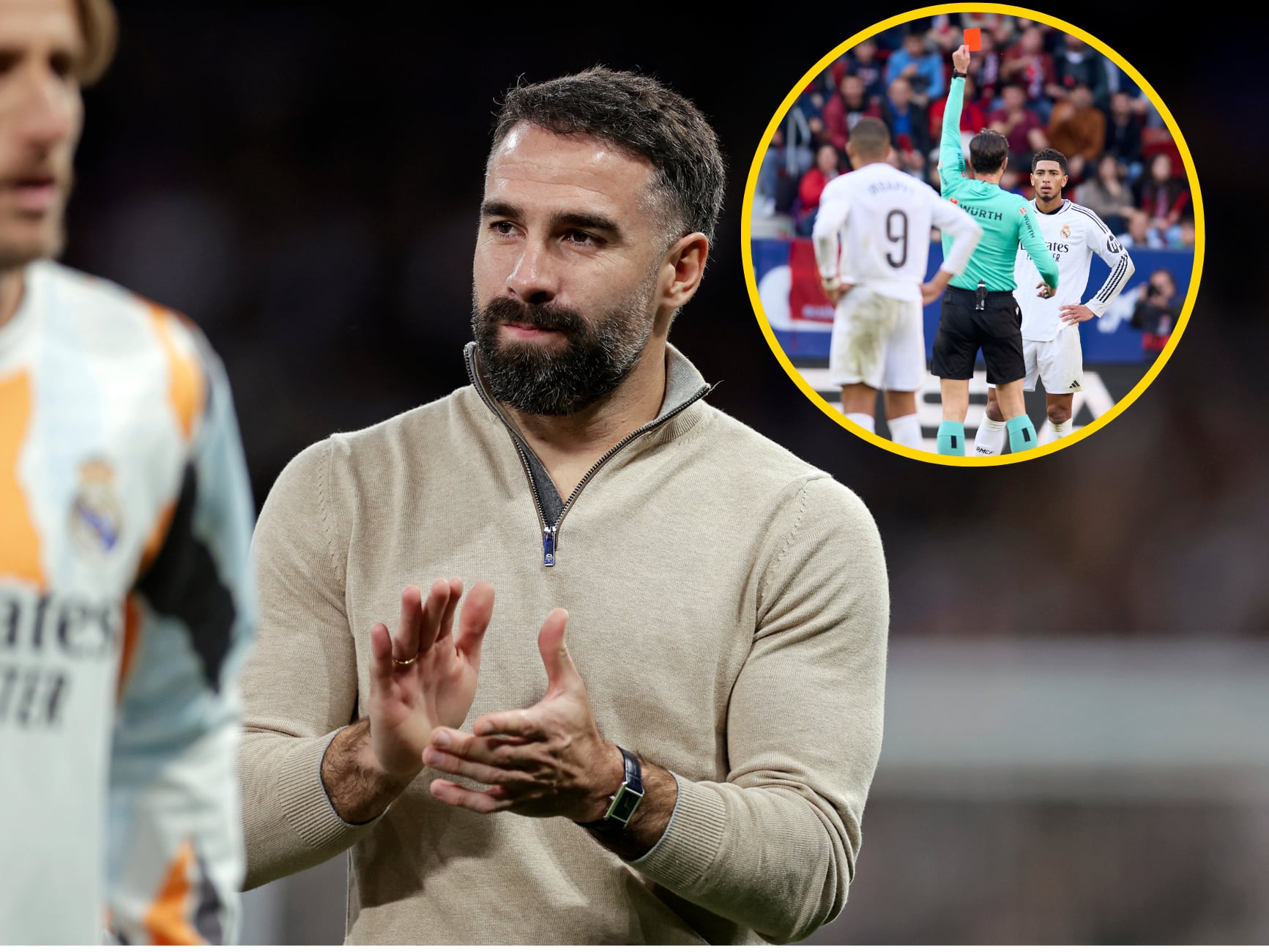 Dani Carvajal en el centro de la foto y en la superior derecha la expulsión de Jude Bellingham