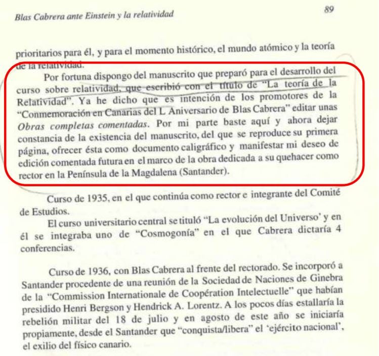 Estracto del libro &quot;Blas Cabrera ante Einstein y la relatividad&quot; en el que Francisco González de Posada afirma tener un manuscrito del físico lanzaroteño.