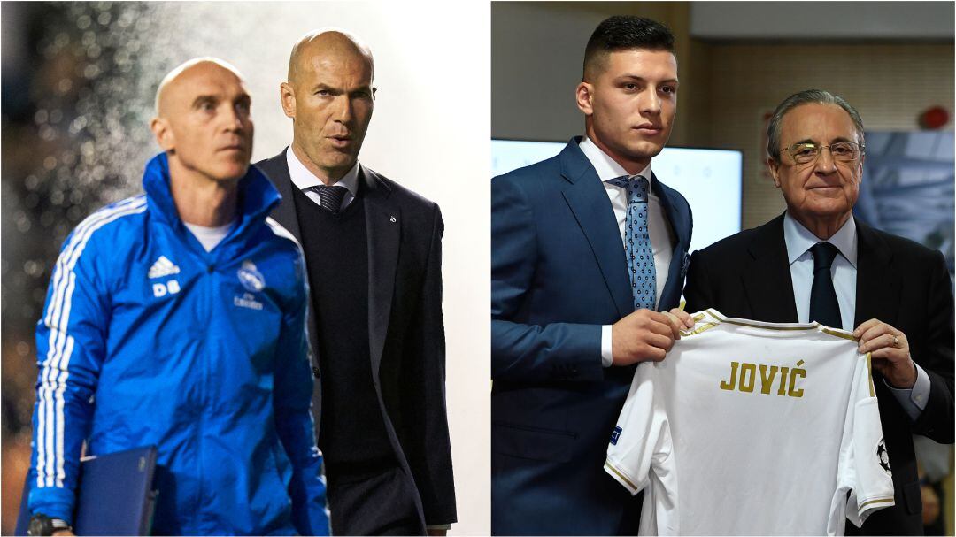 Bettoni y Zidane, en un partido del Real Madrid; Jovic junto a Florentino, el día de su presentación en el club blanco