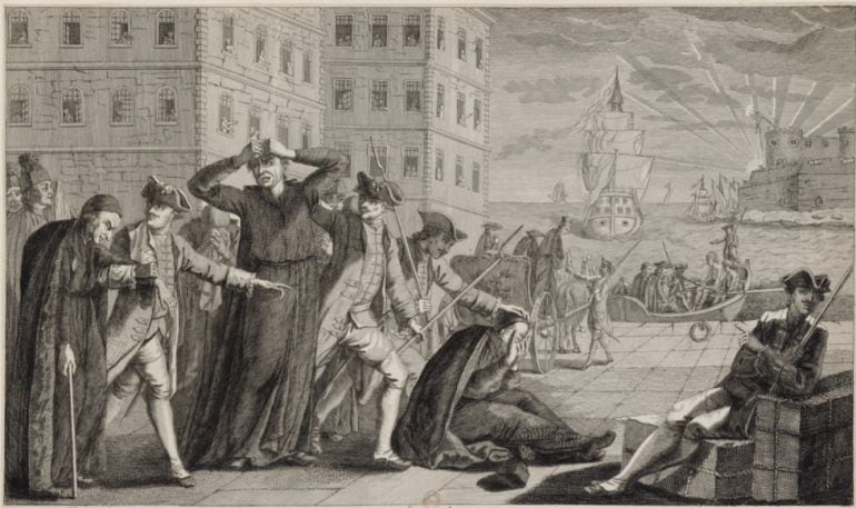 Expulsión y embarque de los jesuitas en marzo de 1767. Grabado francés.