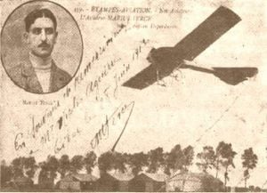 Eibar, 28 de junio de 1913. Tarjeta postal aeronaútica Rameau, n°439. El aviador Marius Tercé sobre el monoplano Deperdussin. Dedicada a Nicolás Aguirre.  Archivo municipal de Eibar.