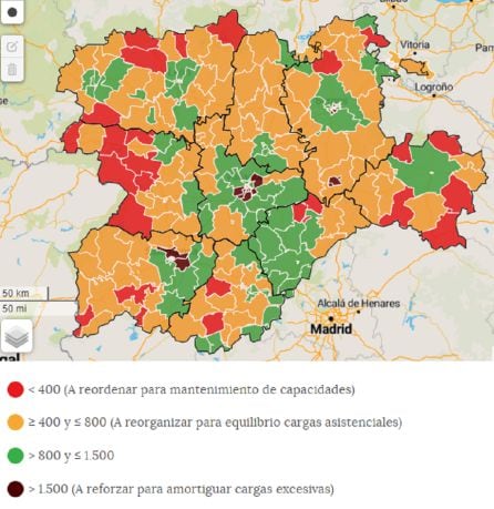 Mapa de tarjetas sanitarias por profesionales de Enfermería por zonas básicas de salud