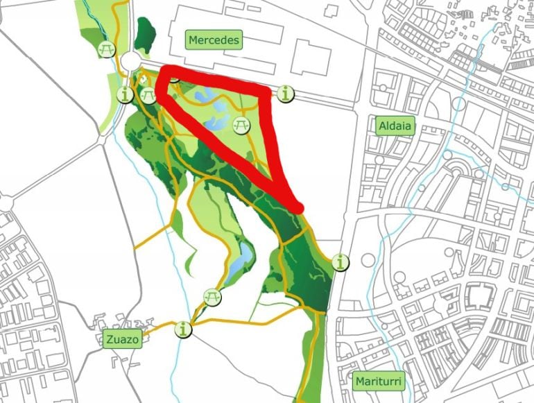 En rojo las 14 hectáreas del Anillo Verde que el Ayuntamiento estudia reservar para una ampliación de Mercedes