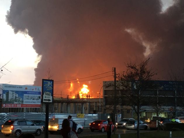 Otra imagen de las llamas y la columna de humo del incendio.