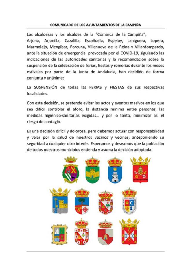 Comunicado de los ayuntamiento de la Campiña, salvo Andújar, en el que indican que suspenden sus fiestas en 2020.