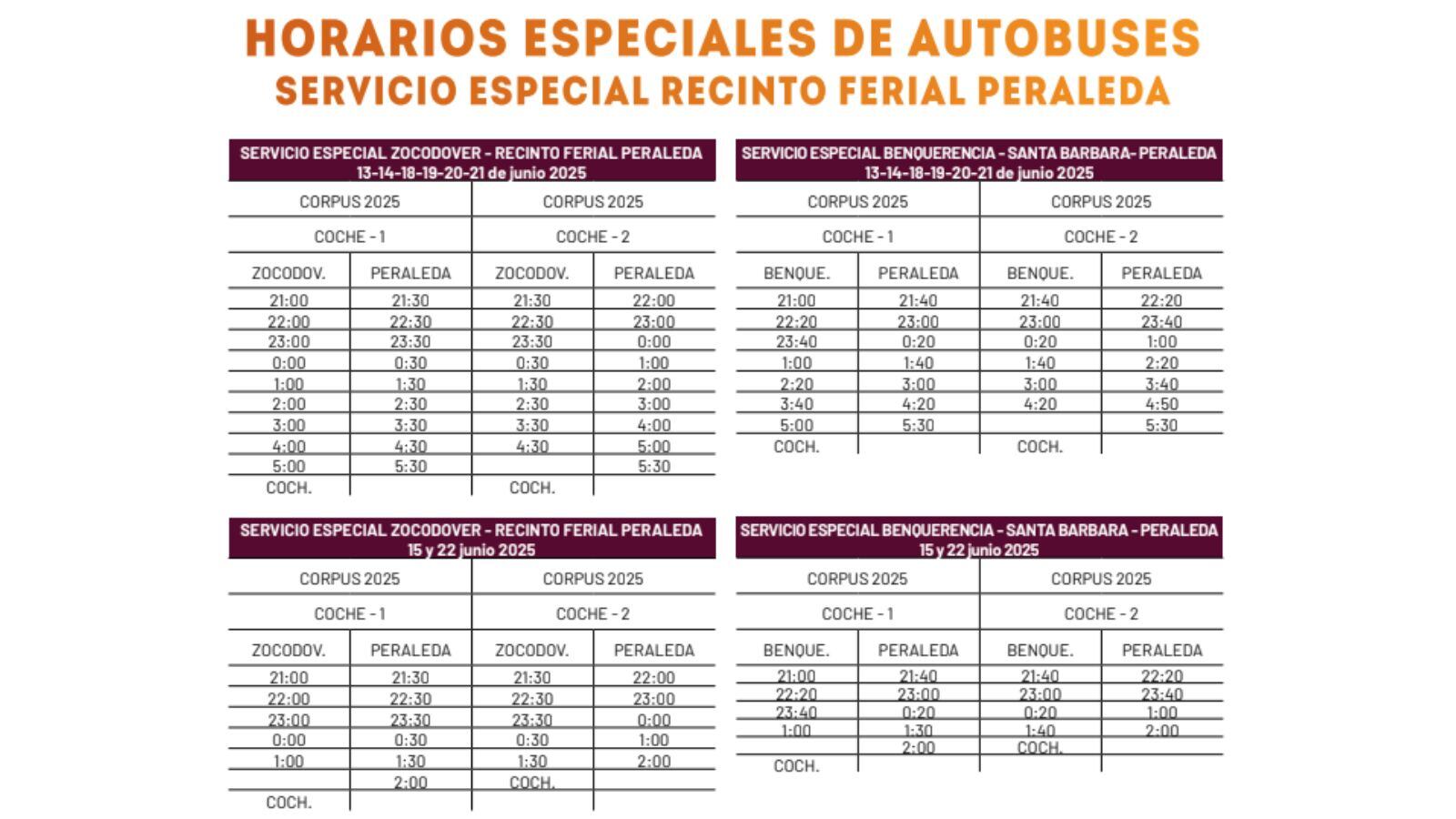 Los horarios de los autobuses especiales del Corpus de Toledo