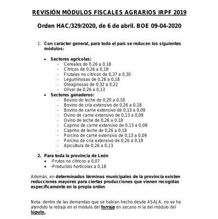 Listado de reducción de módulos fiscales