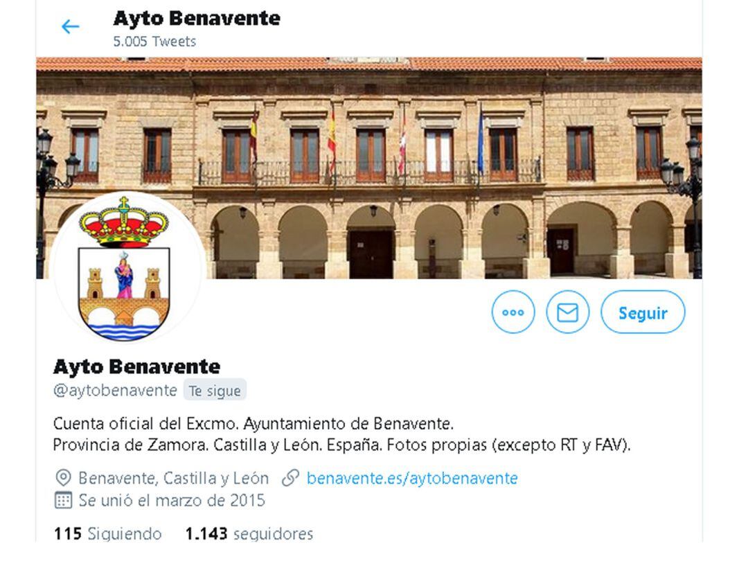 Perfil del Ayuntamiento de Benavente en la red social twiiter 