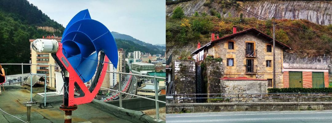 Turbina instalada en la Escuela de Ingeniería de Eibar; a su lado imagen del salto de agua en Olerreaga, en las inmediaciones de la muga entre Eibar y Zaldibar