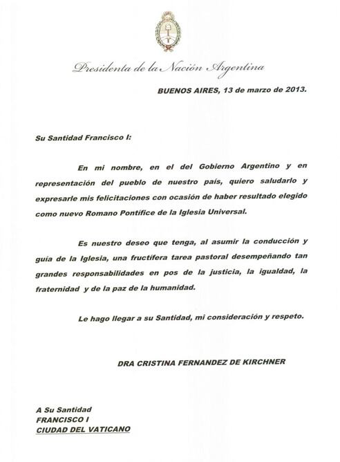 Carta del gobierno argentino al nuevo papa