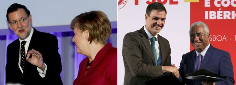 Mariano Rajoy con Angela Merkel y Pedro Sánchez con Antonio Costa