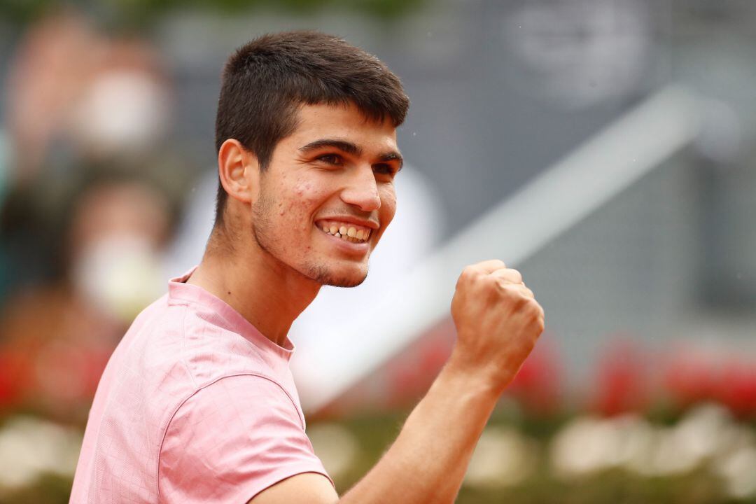 .Carlos Alcaraz of Spain in action during his Men's Singles match, round of 64, against Adrian Mannarino of France on the ATP Masters 1000 - Mutua Madrid Open 2021 at La Caja Magica on May 3, 2021 in Madrid, Spain. AFP7
03/05/2021 ONLY FOR USE IN SPAIN