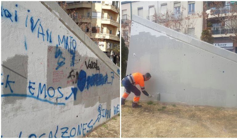 En la foto, pintadas con las que aparecía el refugio antiaéreo de la plaza Séneca y al lado, los trabajos de limpieza llevados a cabo esta mañana.